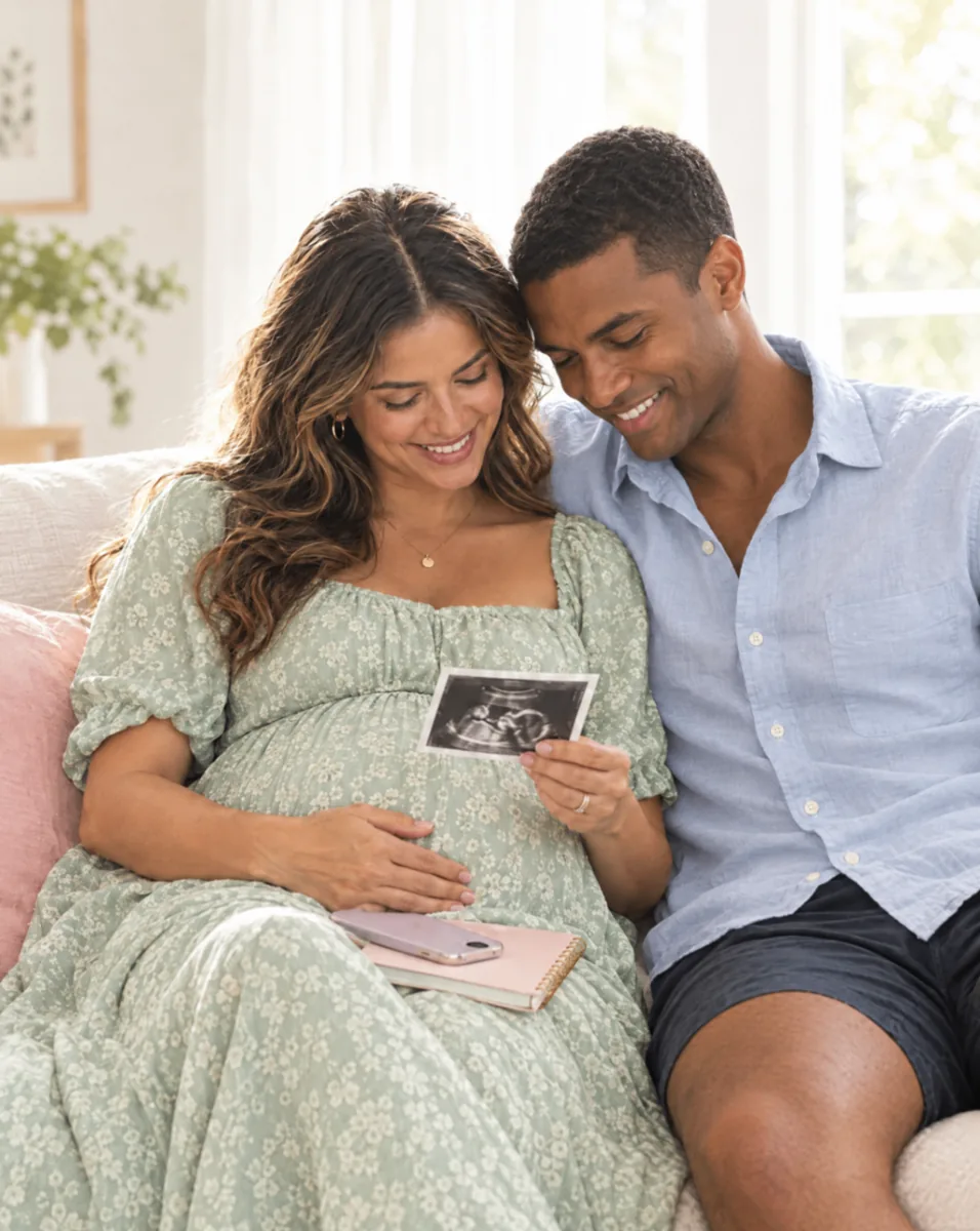 An expecting couple sit together on a sofa, smiling at their baby's ultrasound scan.