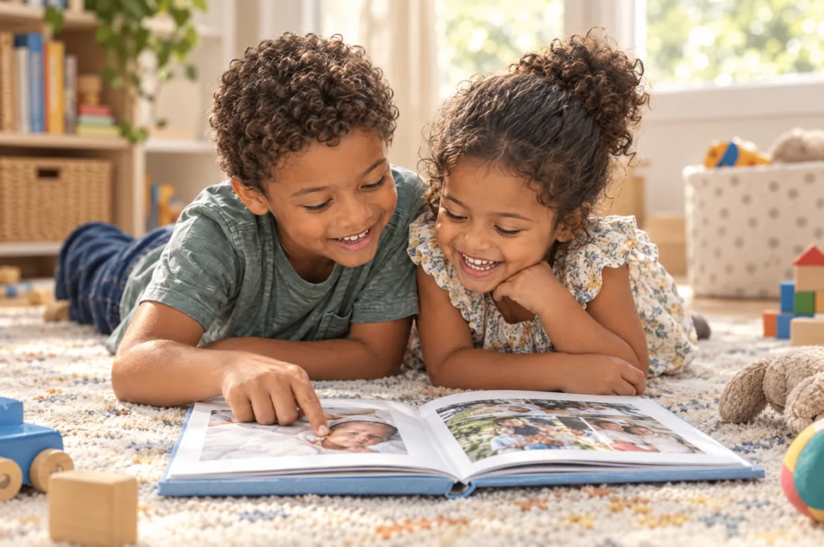 A sister and brother lie together on a rug, smiling and pointing at photos in their family book.