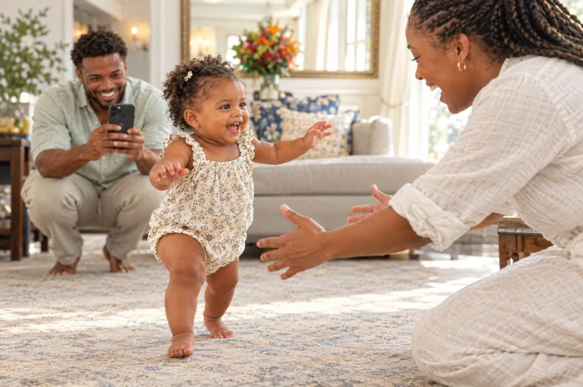A toddler takes her first steps towards her mother while her father records the moment on his phone.