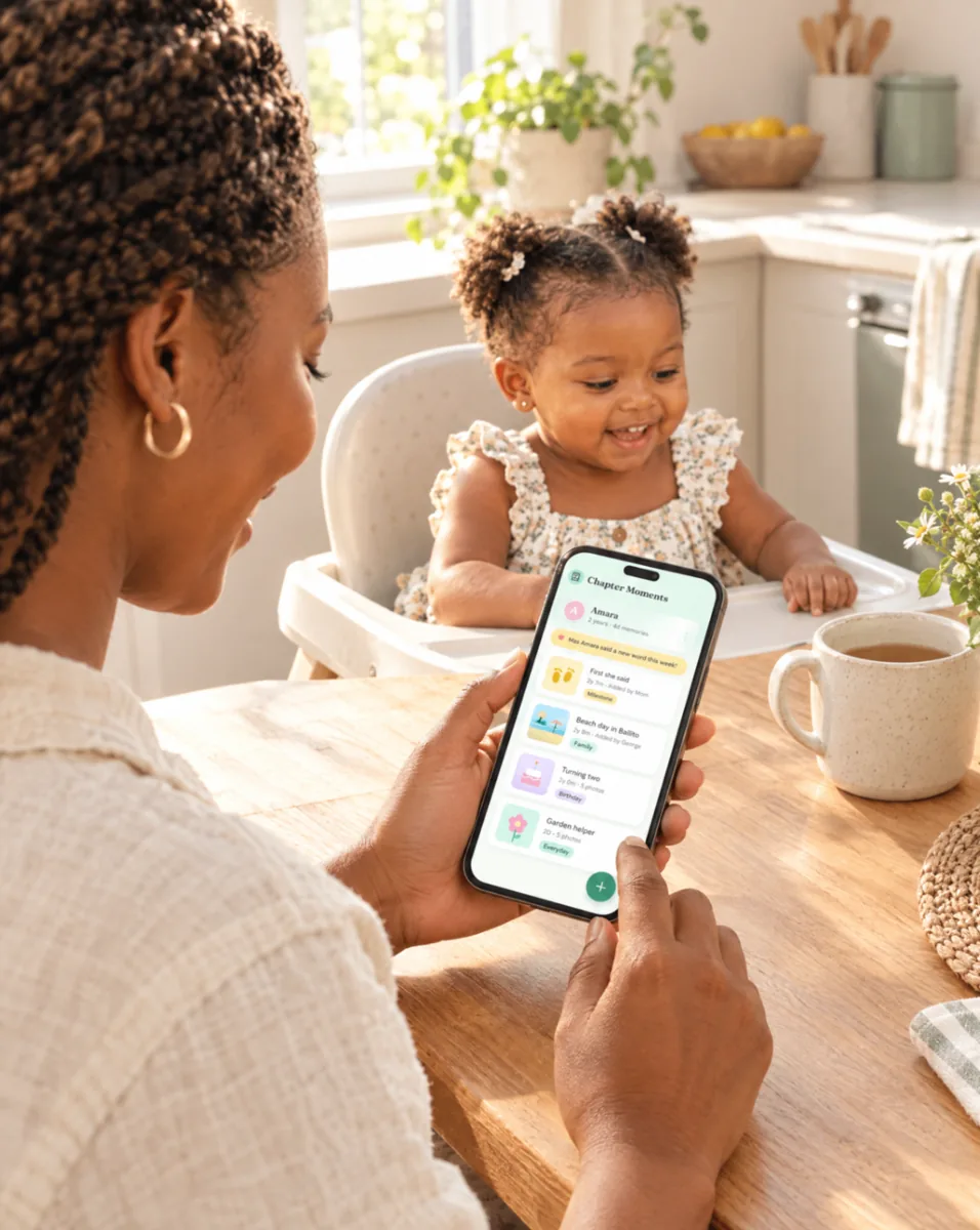A mother uses the Chapter Moments timeline on her phone at the kitchen table beside her smiling child in a high chair.